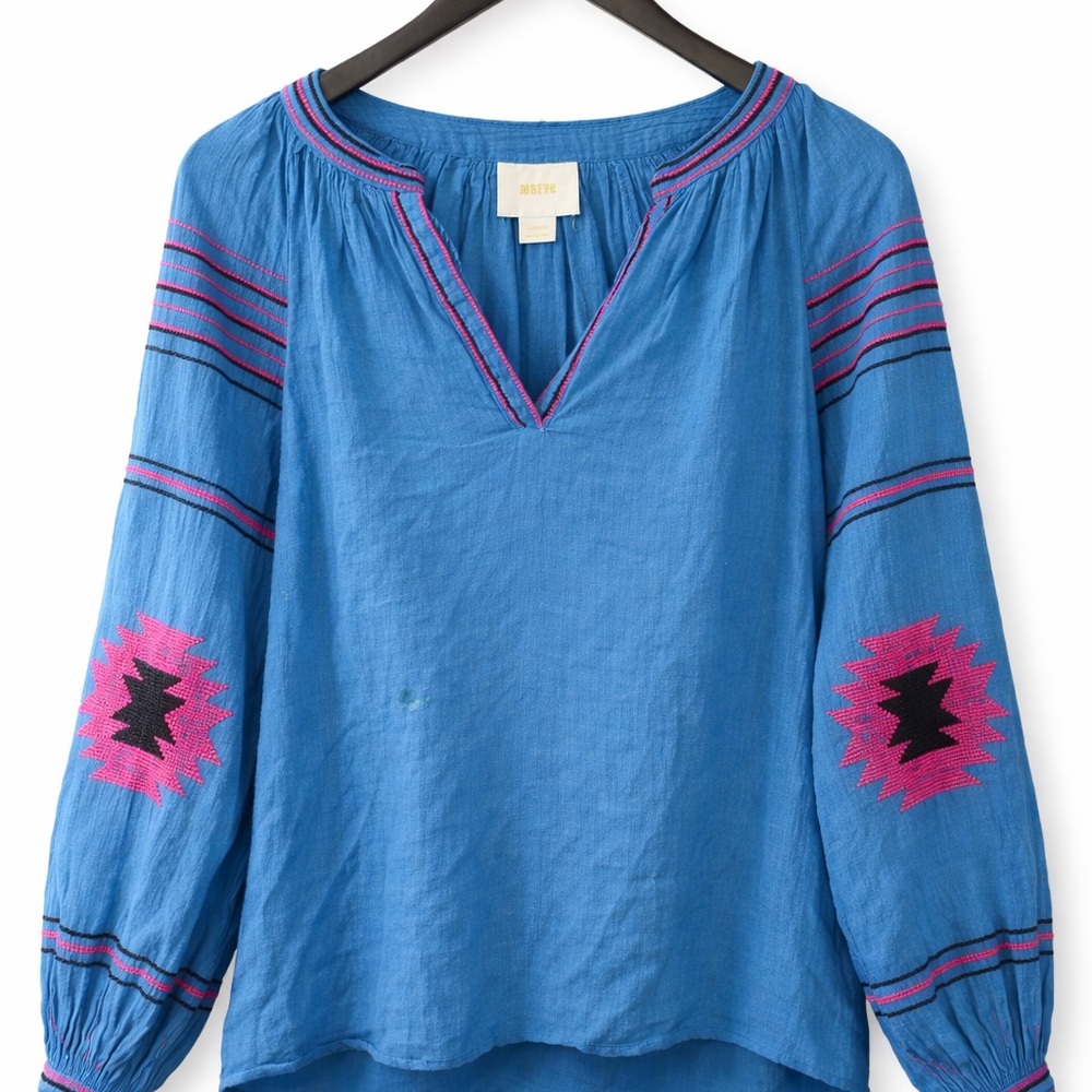 Anthropologie Blue Peasant Blouse with Pink Embroidery - Picture 2 of 5
